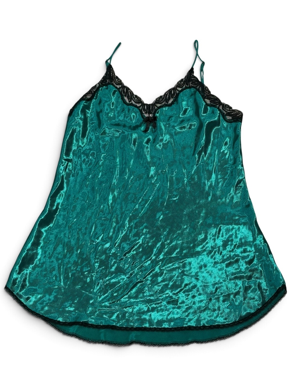 Vintage Lady Cameo Dallas Teal Liquid Satin Black Lace Chemise 1X